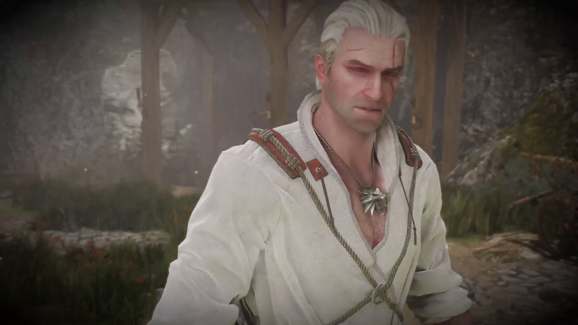 Geralt in a white shirt in a courtyard, in an original cinematic frame from the official Witcher 3 Remastered launch trailer.