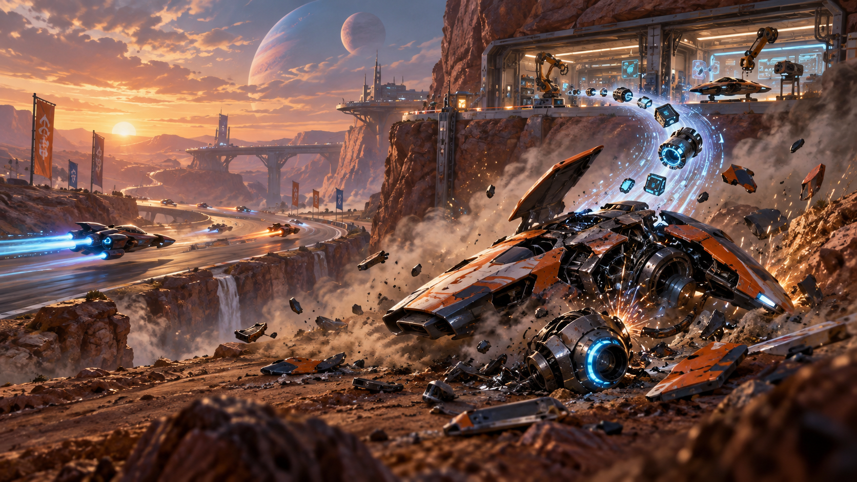 Original editorial illustration of a futuristic racing craft crashing on an alien canyon circuit while upgrade parts arc toward a workshop.