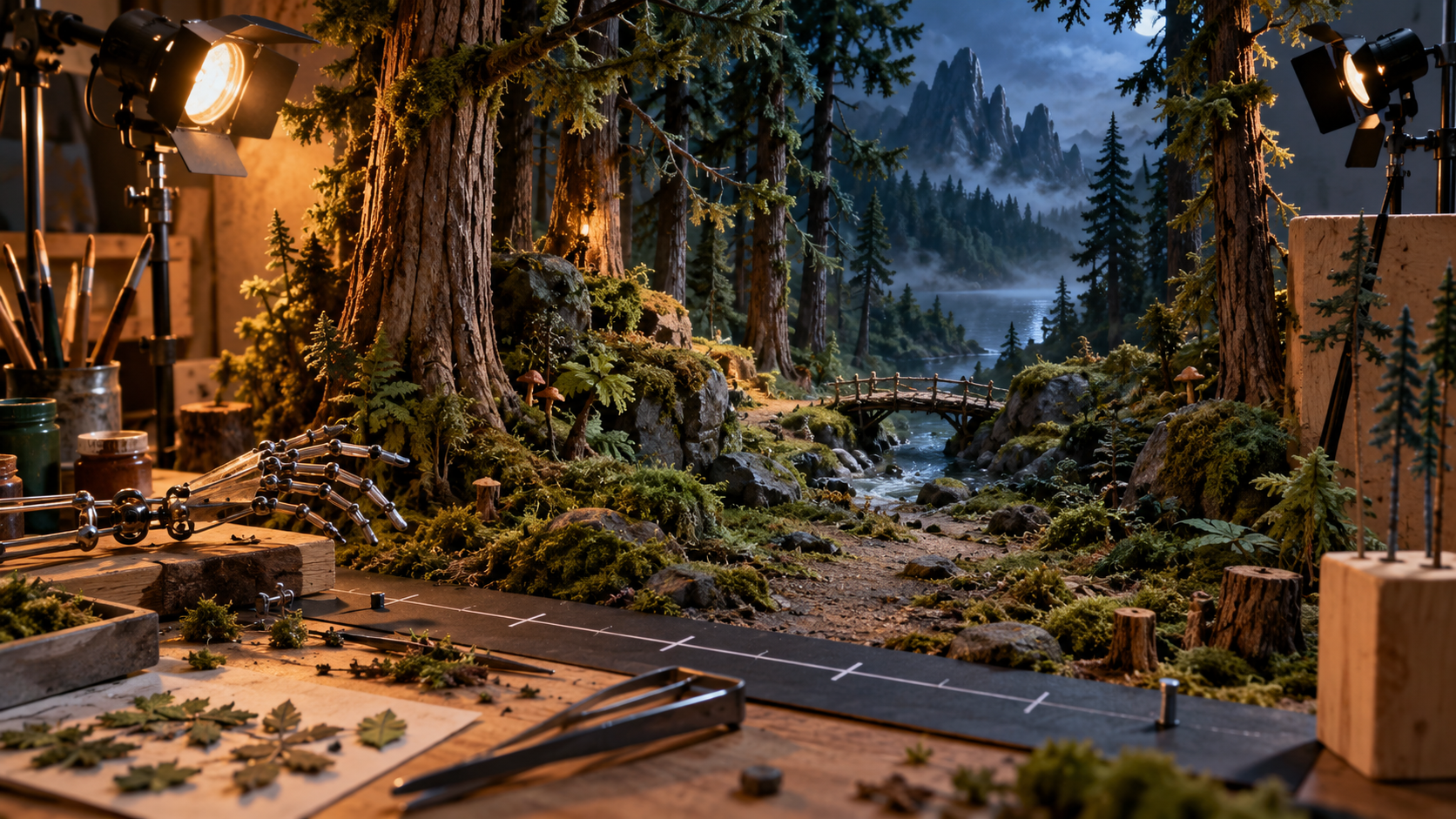 Original editorial illustration of a miniature forest set on a stop-motion animation workbench