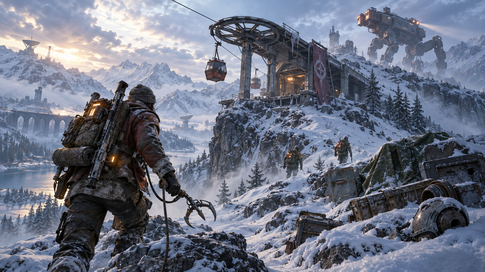 Original editorial illustration of winter-clad scavengers approaching a snowy mountain gondola station while a giant machine patrols the ridge.