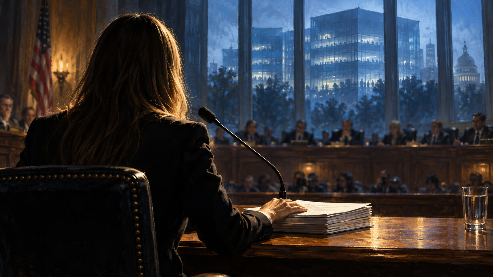 Original painted editorial illustration of an anonymous woman at a hearing table, facing a committee with cold office light beyond the windows